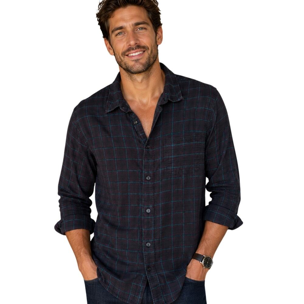 Vince. Tartan Plaid Button Shirt Mens Large Black Teal Classic Fit Preppy Top